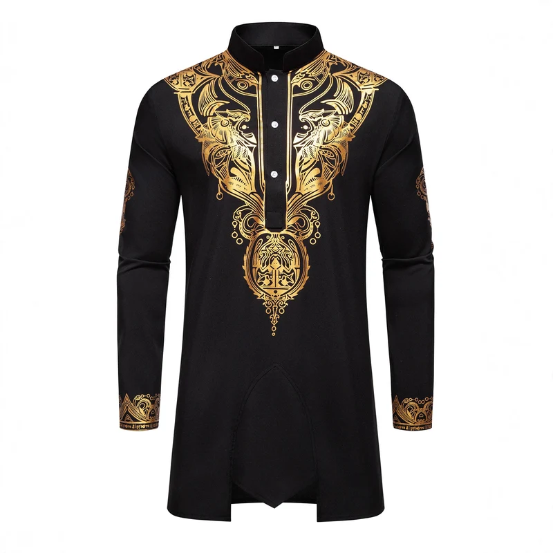 Herren Ornamentales Tunika-Set mit Stehkragen, Halbknopfleiste und goldverziertem Print Drune