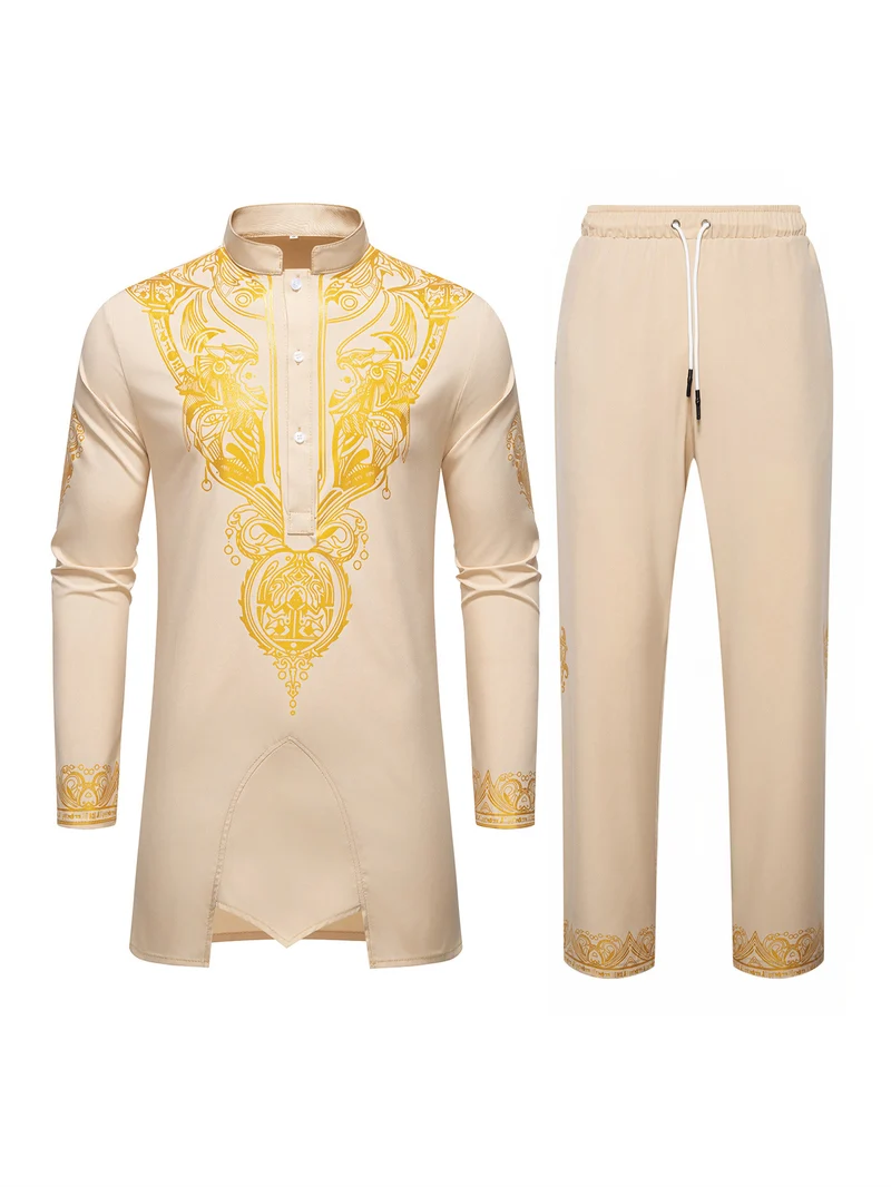 Herren Ornamentales Tunika-Set mit Stehkragen, Halbknopfleiste und goldverziertem Print Drune