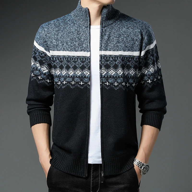 Herren Norwegermuster-Strickjacke mit durchgehendem Reißverschluss und Stehkragen Drune