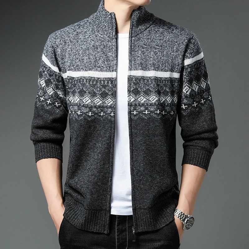 Herren Norwegermuster-Strickjacke mit durchgehendem Reißverschluss und Stehkragen Drune