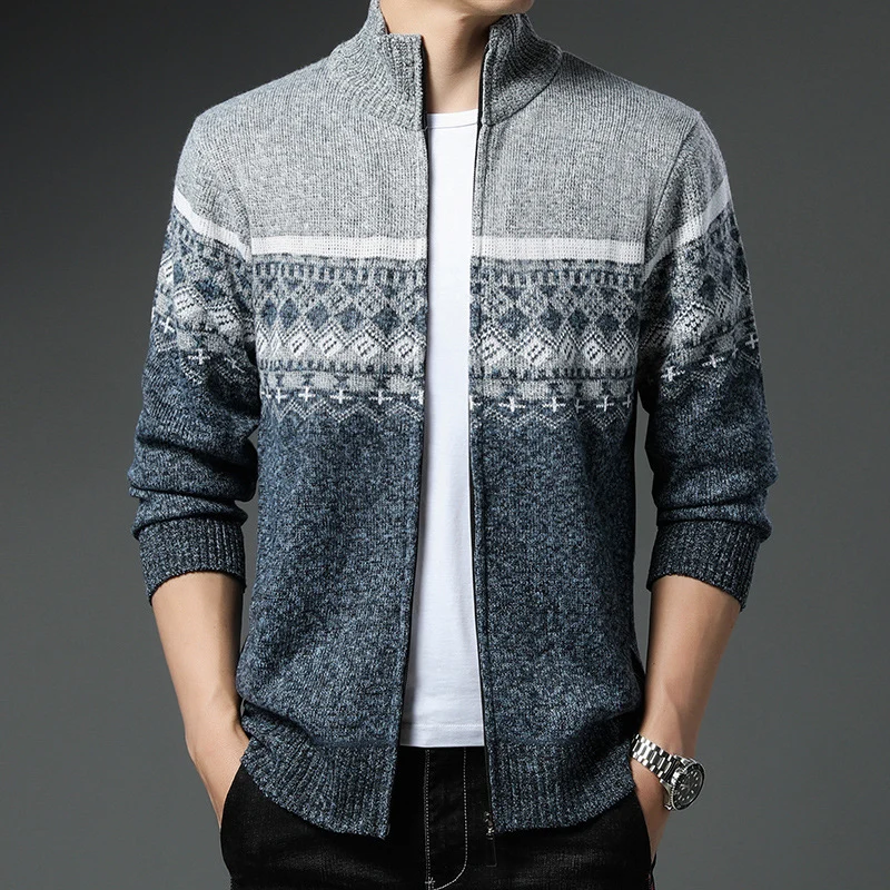 Herren Norwegermuster-Strickjacke mit durchgehendem Reißverschluss und Stehkragen Drune