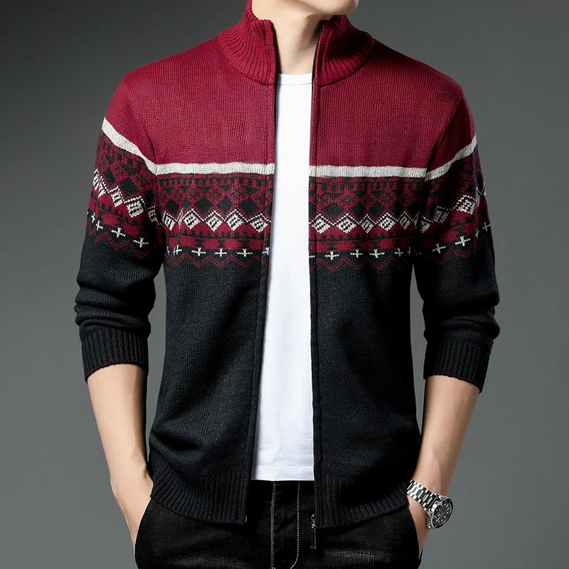 Herren Norwegermuster-Strickjacke mit durchgehendem Reißverschluss und Stehkragen Drune