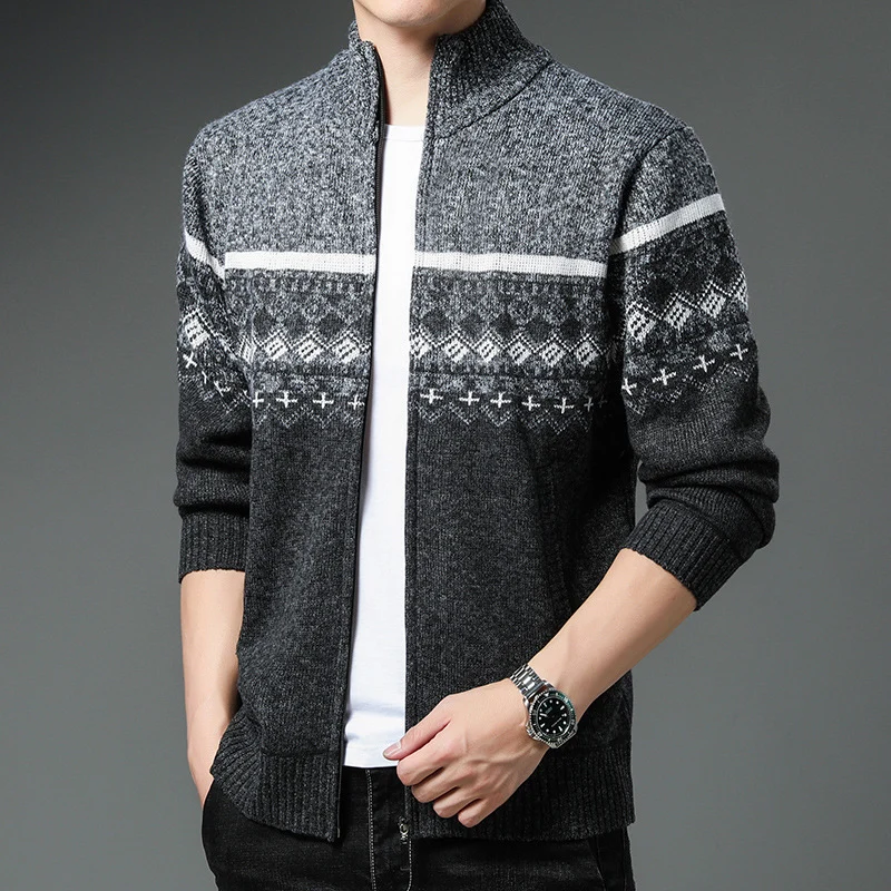 Herren Norwegermuster-Strickjacke mit durchgehendem Reißverschluss und Stehkragen Drune