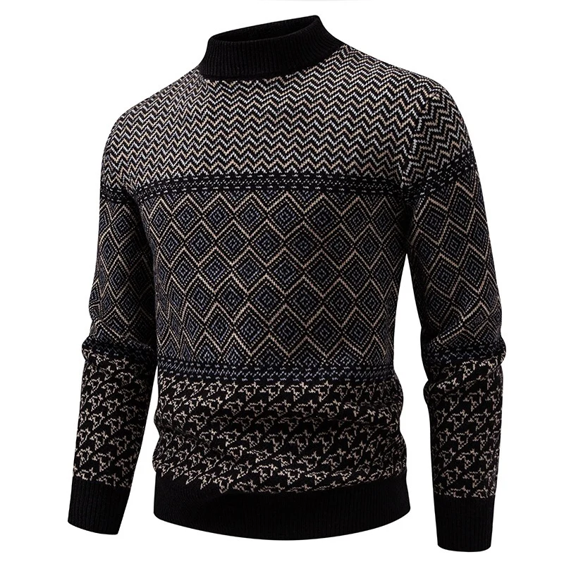 Herren Norwegermuster-Pullover mit Stehkragen und feinem Jacquardstrick Drune