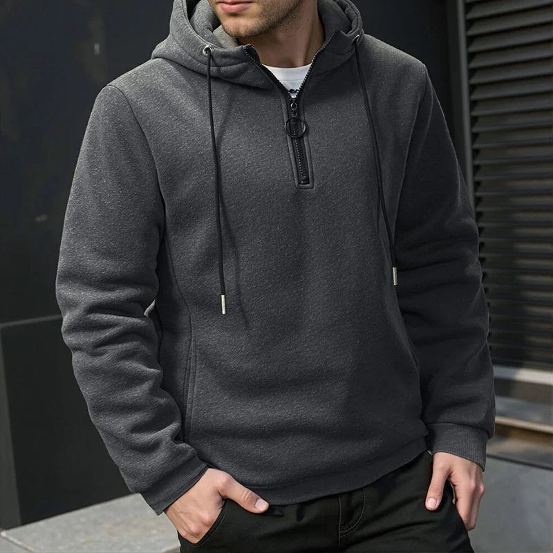 Herren Modernes sportlich-elegantes Kapuzen-Sweatshirt mit Fronthalbzip und Kordelzug Drune