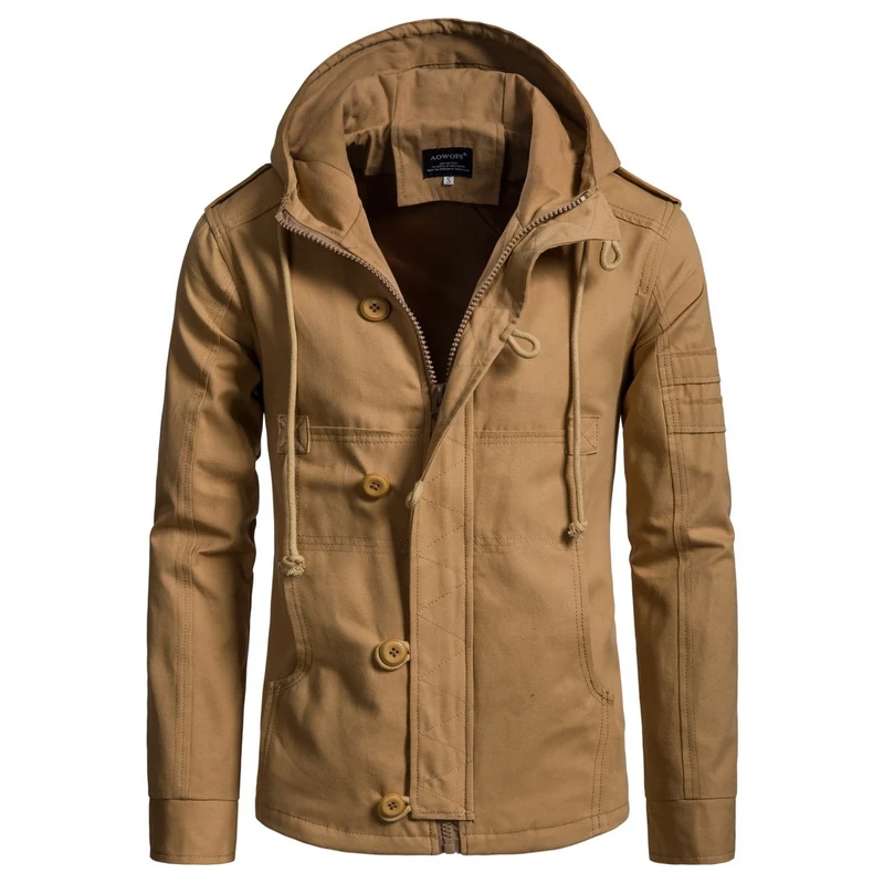 Herren Militärisch inspirierte Kapuzenjacke aus Canvas mit Tunnelzug Mehrfachtaschen und Epauletten Drune