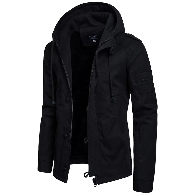 Herren Militärisch inspirierte Kapuzenjacke aus Canvas mit Tunnelzug Mehrfachtaschen und Epauletten Drune