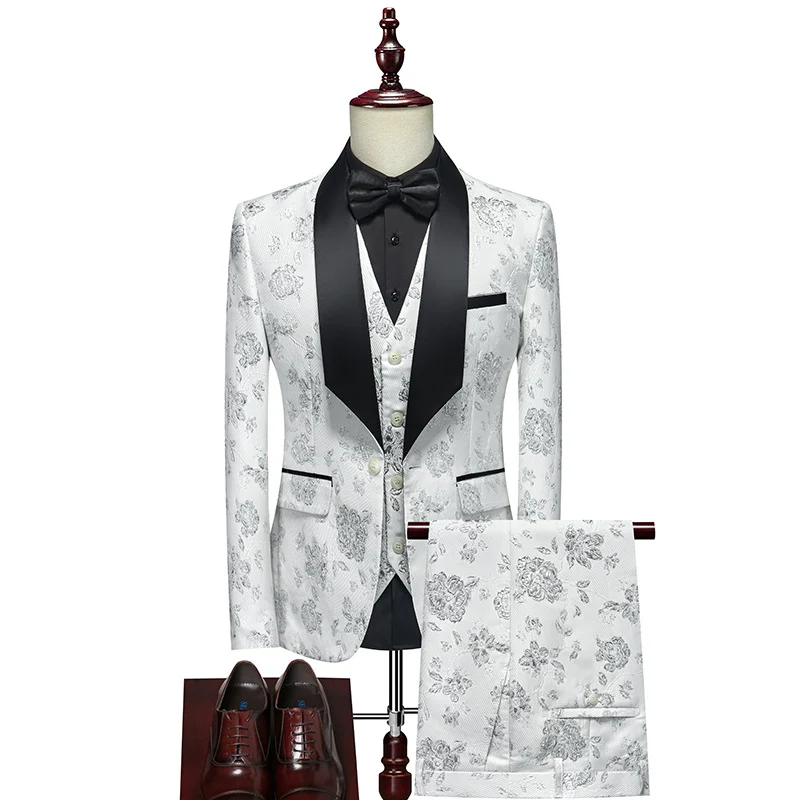 Herren Luxuriöses dreiteiliges Smoking-Set mit Schalrevers und Blumen-Jacquard Drune