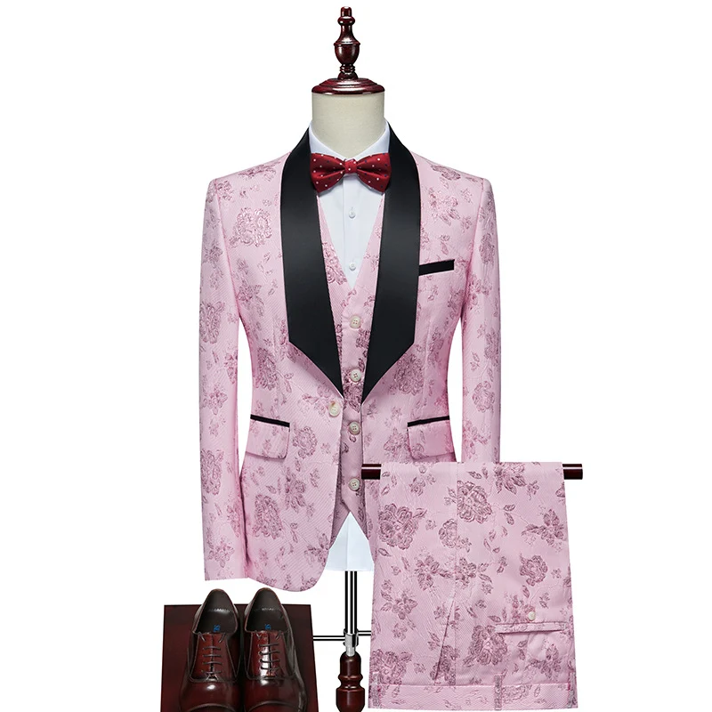Herren Luxuriöses dreiteiliges Smoking-Set mit Schalrevers und Blumen-Jacquard Drune