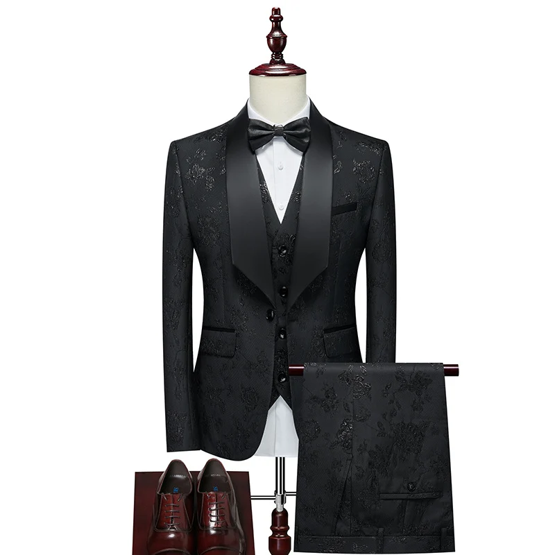 Herren Luxuriöses dreiteiliges Smoking-Set mit Schalrevers und Blumen-Jacquard Drune