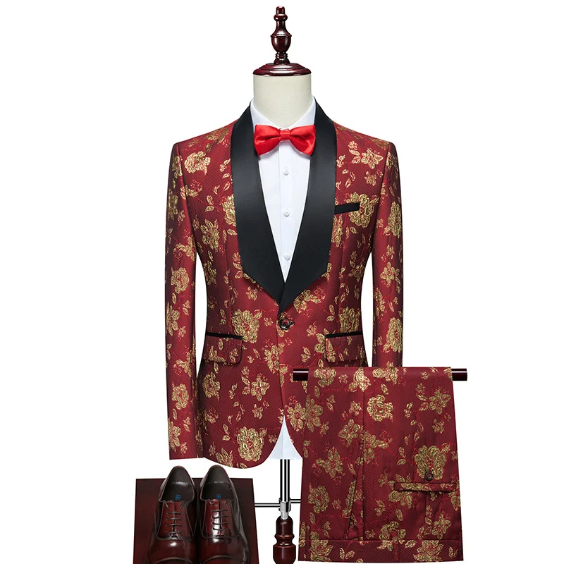Herren Luxuriöses dreiteiliges Smoking-Set mit Schalrevers und Blumen-Jacquard Drune