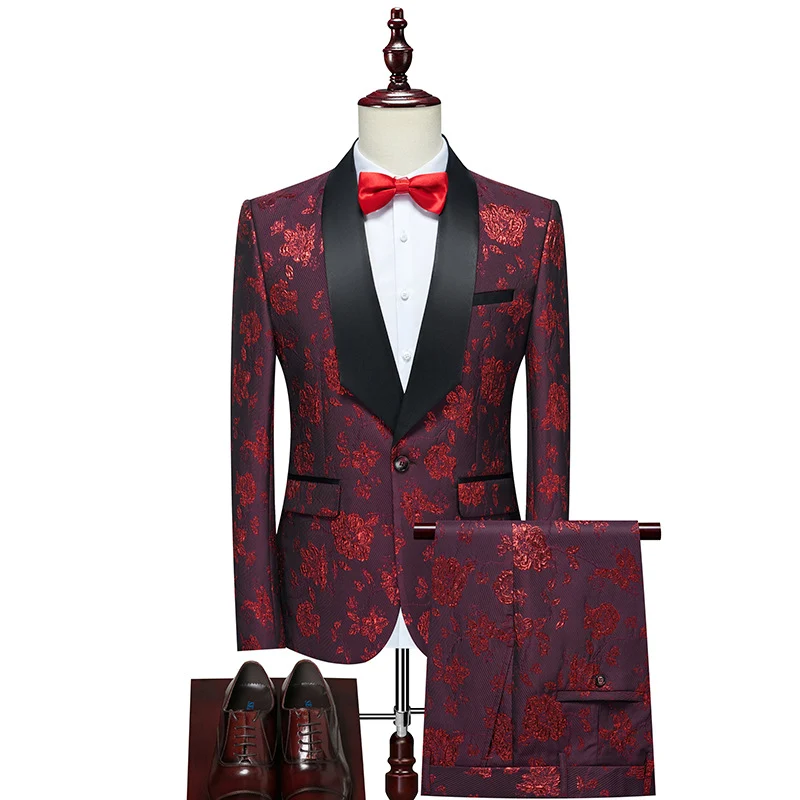 Herren Luxuriöses dreiteiliges Smoking-Set mit Schalrevers und Blumen-Jacquard Drune