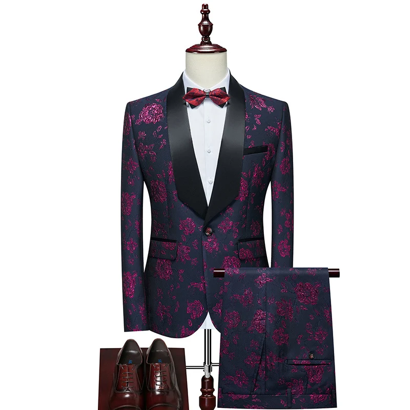 Herren Luxuriöses dreiteiliges Smoking-Set mit Schalrevers und Blumen-Jacquard Drune