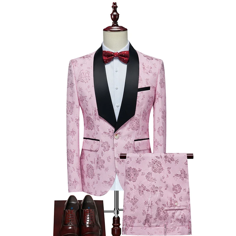 Herren Luxuriöses dreiteiliges Smoking-Set mit Schalrevers und Blumen-Jacquard Drune
