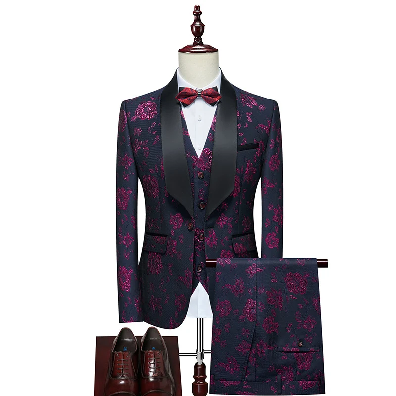 Herren Luxuriöses dreiteiliges Smoking-Set mit Schalrevers und Blumen-Jacquard Drune