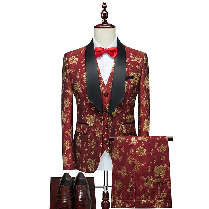 Herren Luxuriöses dreiteiliges Smoking-Set mit Schalrevers und Blumen-Jacquard Drune