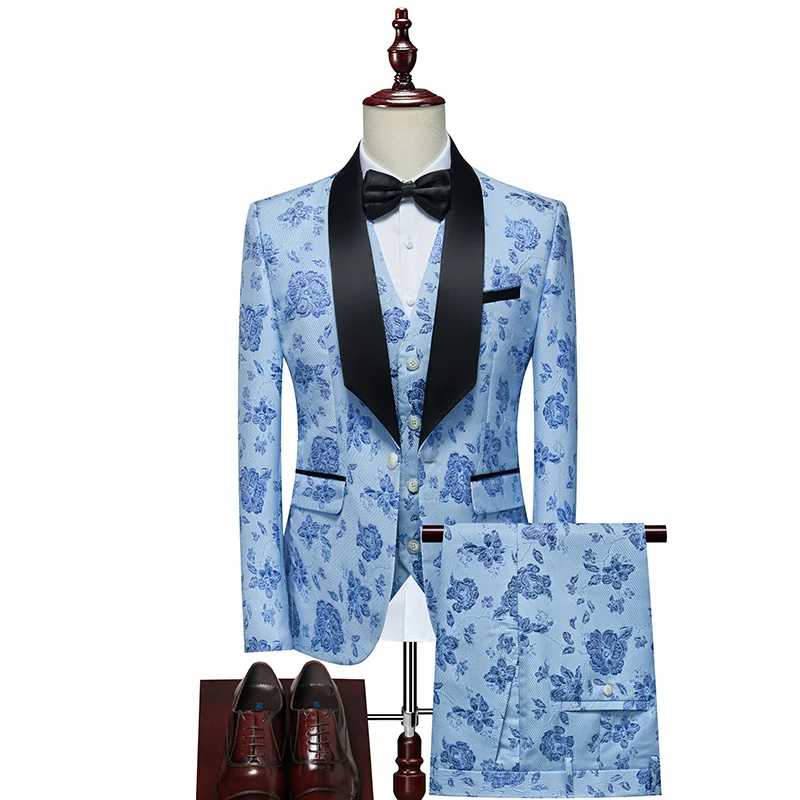 Herren Luxuriöses dreiteiliges Smoking-Set mit Schalrevers und Blumen-Jacquard Drune