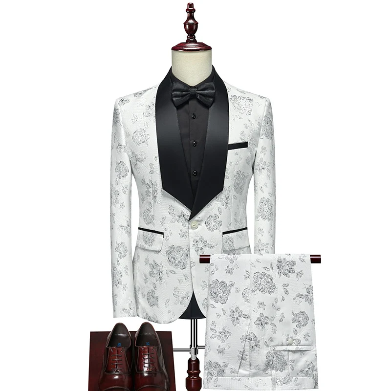 Herren Luxuriöses dreiteiliges Smoking-Set mit Schalrevers und Blumen-Jacquard Drune
