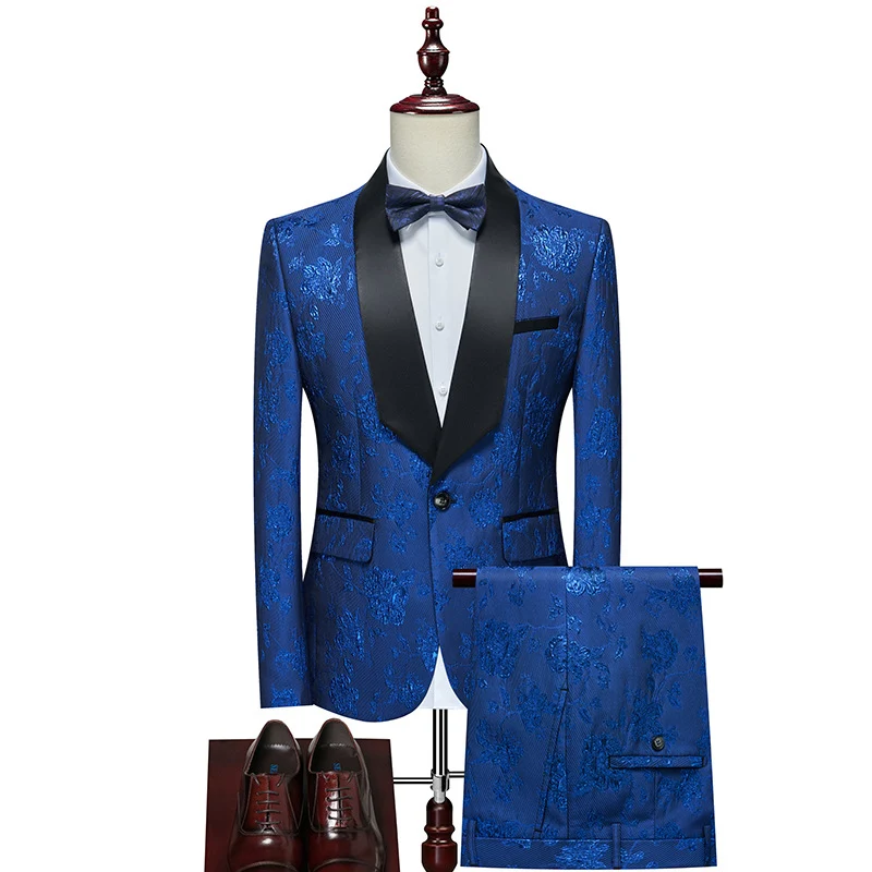 Herren Luxuriöses dreiteiliges Smoking-Set mit Schalrevers und Blumen-Jacquard Drune