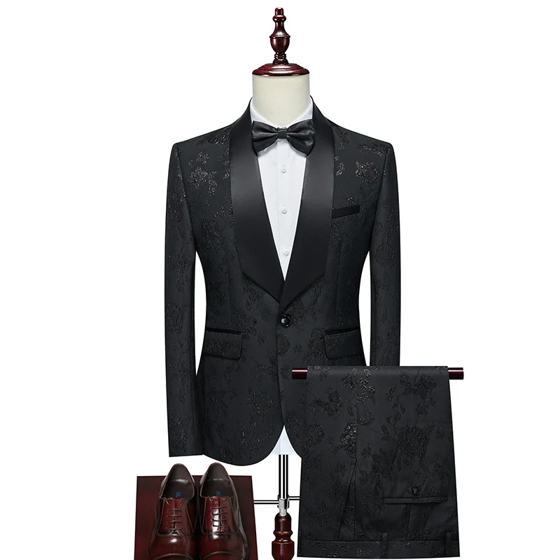 Herren Luxuriöses dreiteiliges Smoking-Set mit Schalrevers und Blumen-Jacquard Drune