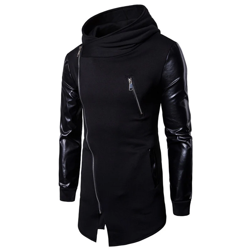 Herren Longline Kapuzen‑Sweatshirt mit asymmetrischem Reißverschluss und Kunstlederärmeln Drune