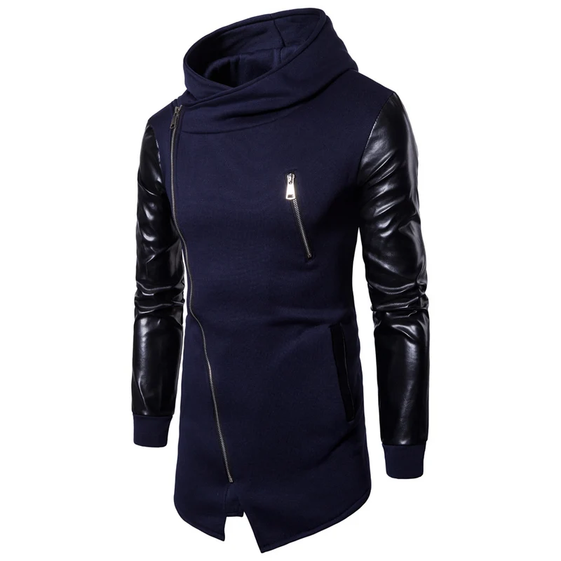 Herren Longline Kapuzen‑Sweatshirt mit asymmetrischem Reißverschluss und Kunstlederärmeln Drune