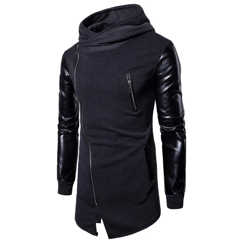 Herren Longline Kapuzen‑Sweatshirt mit asymmetrischem Reißverschluss und Kunstlederärmeln Drune