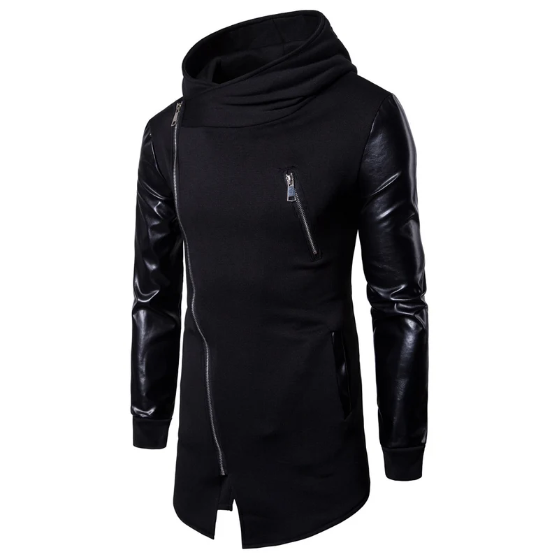 Herren Longline Kapuzen‑Sweatshirt mit asymmetrischem Reißverschluss und Kunstlederärmeln Drune