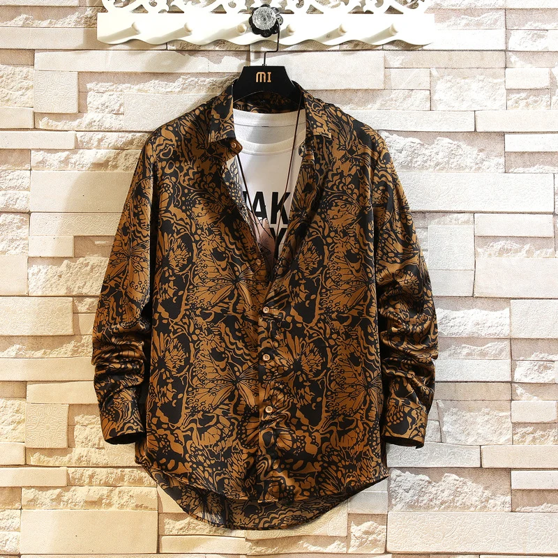 Herren Lockeres Leinenhemd mit großem floralen Print und Hemdkragen Drune