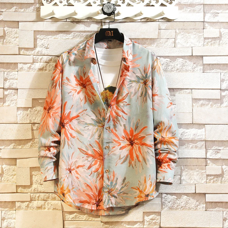 Herren Lockeres Leinenhemd mit großem floralen Print und Hemdkragen Drune