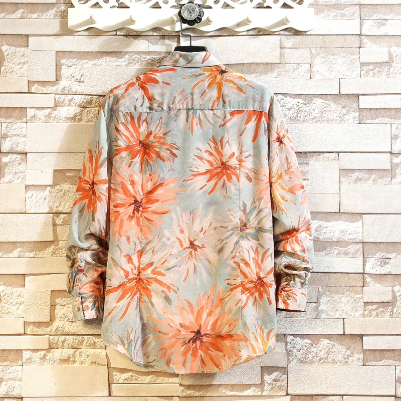 Herren Lockeres Leinenhemd mit großem floralen Print und Hemdkragen Drune