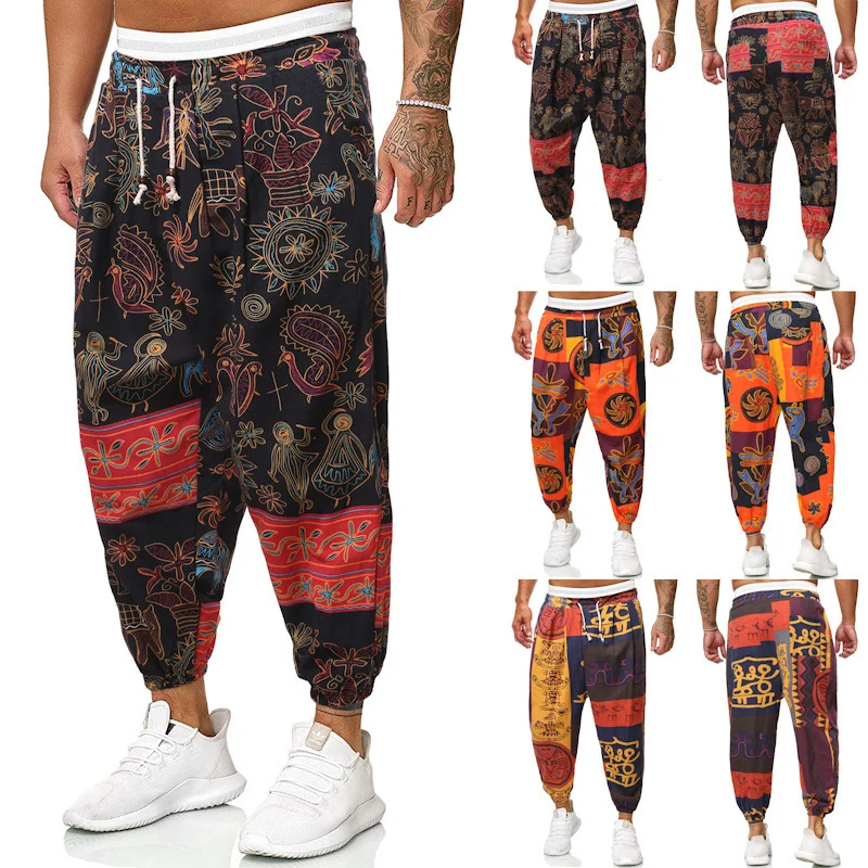 Herren Locker sitzende Patchwork-Loungehose mit Tunnelzug, elastischen Knöcheln und dekorativem Allover-Print Drune