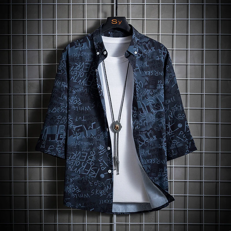 Herren Locker geschnittenes Kurzarm-Overshirt mit allover Grafikprint und Hemdkragen Drune
