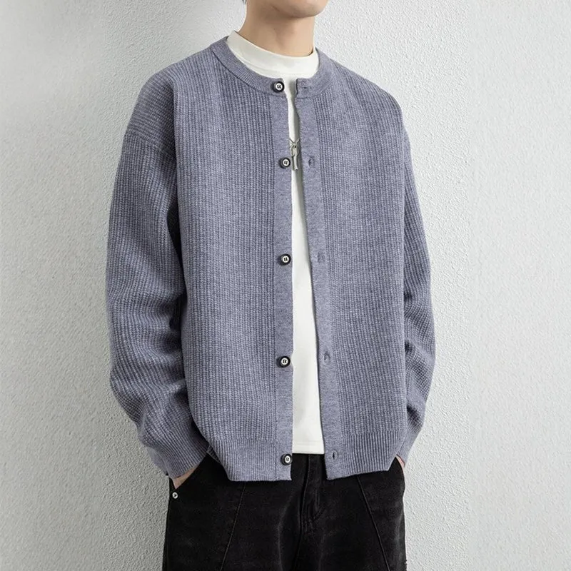 Herren Locker geschnittene Strukturstrick-Cardigan mit Rundhals und Knopfleiste Drune