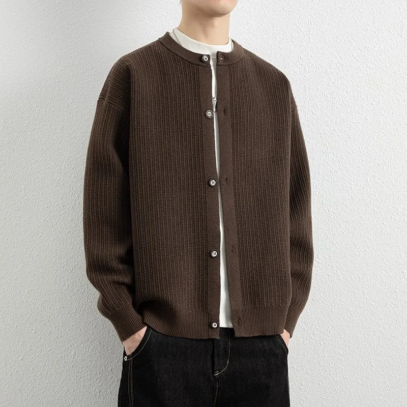 Herren Locker geschnittene Strukturstrick-Cardigan mit Rundhals und Knopfleiste Drune