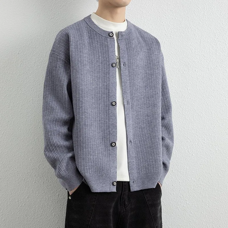 Herren Locker geschnittene Strukturstrick-Cardigan mit Rundhals und Knopfleiste Drune