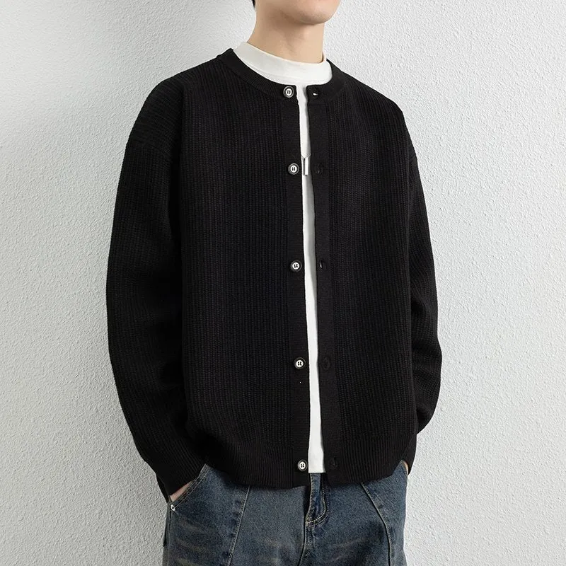Herren Locker geschnittene Strukturstrick-Cardigan mit Rundhals und Knopfleiste Drune