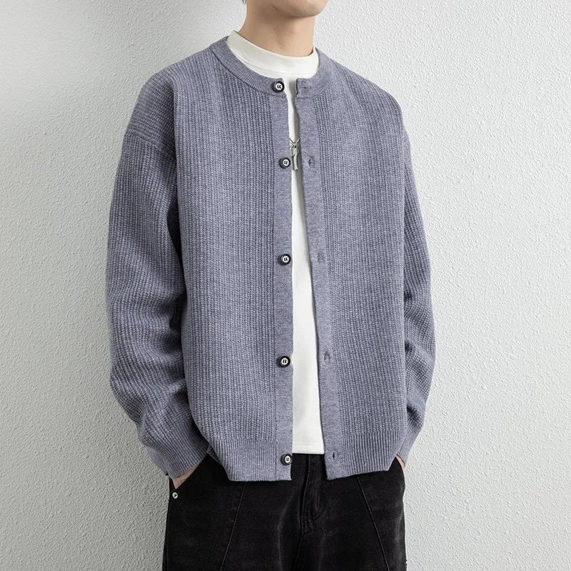 Herren Locker geschnittene Strukturstrick-Cardigan mit Rundhals und Knopfleiste Drune
