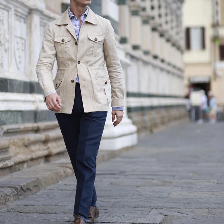 Herren Leinen-Mix Feldjacke mit Pattentaschen und taillierter Passform Drune