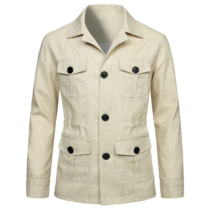 Herren Leinen-Mix Feldjacke mit Pattentaschen und taillierter Passform Drune