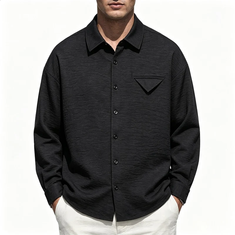 Herren Leichtes Texturiertes Overshirt mit Hemdkragen und Brustklappen-Tasche Drune