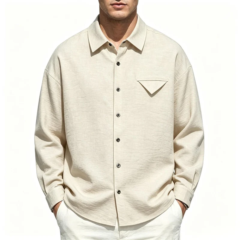 Herren Leichtes Texturiertes Overshirt mit Hemdkragen und Brustklappen-Tasche Drune