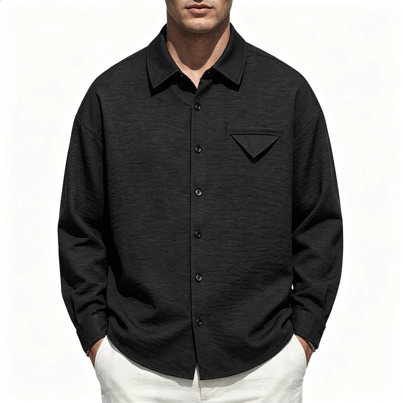 Herren Leichtes Texturiertes Overshirt mit Hemdkragen und Brustklappen-Tasche Drune