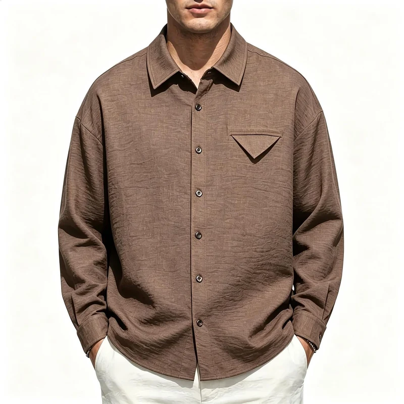 Herren Leichtes Texturiertes Overshirt mit Hemdkragen und Brustklappen-Tasche Drune