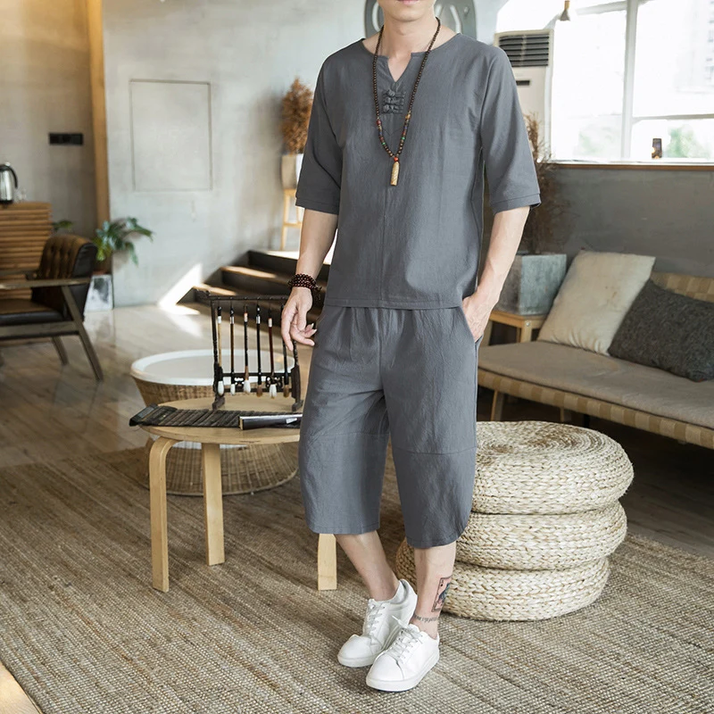 Herren Leichtes Leinen-Relax-Set mit dreiviertelärmeliger Tunika und verkürzter Culotte-Hose Drune