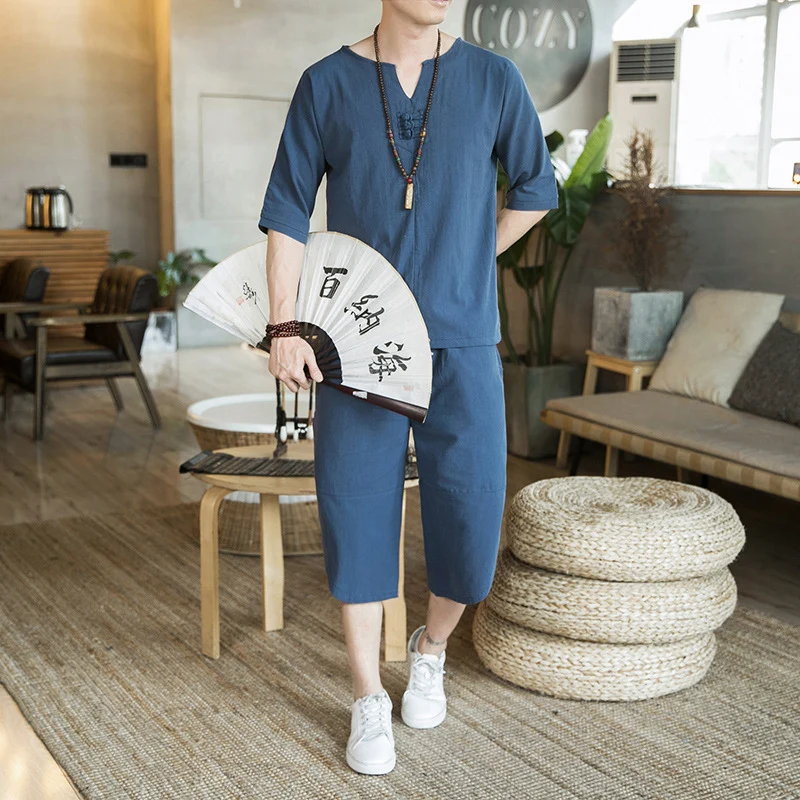 Herren Leichtes Leinen-Relax-Set mit dreiviertelärmeliger Tunika und verkürzter Culotte-Hose Drune