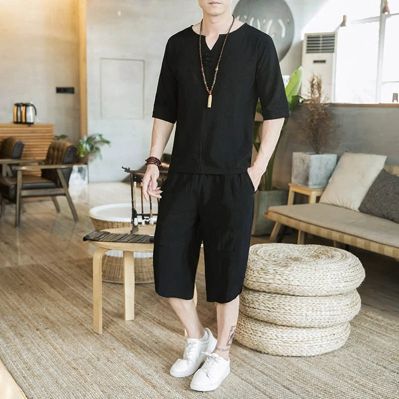 Herren Leichtes Leinen-Relax-Set mit dreiviertelärmeliger Tunika und verkürzter Culotte-Hose Drune