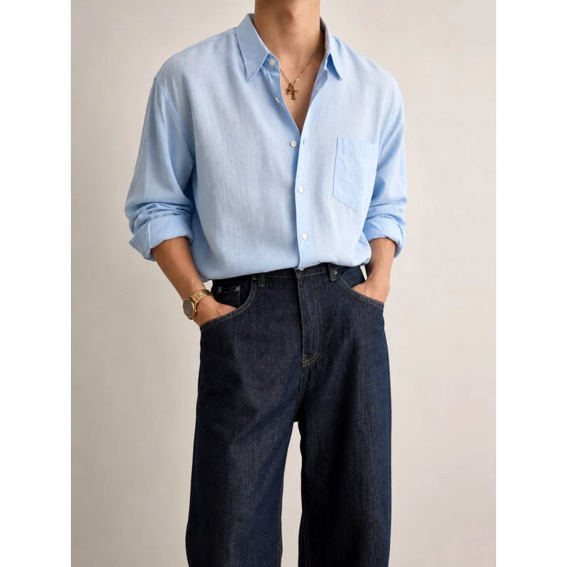 Herren Leichtes Leinen-Baumwoll-Hemd mit Brusttasche und relaxed Schnitt Drune