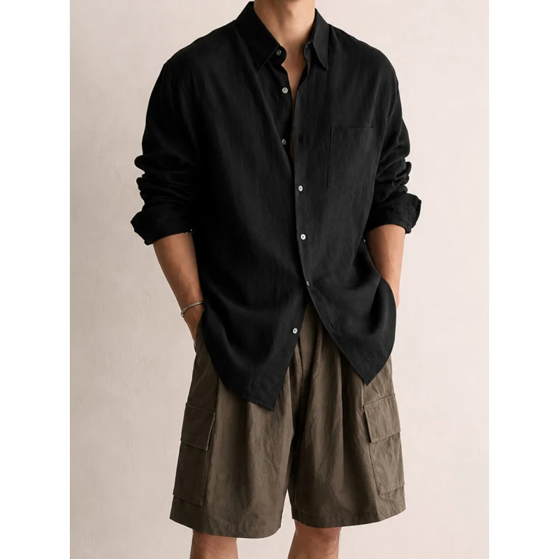 Herren Leichtes Leinen-Baumwoll-Hemd mit Brusttasche und relaxed Schnitt Drune