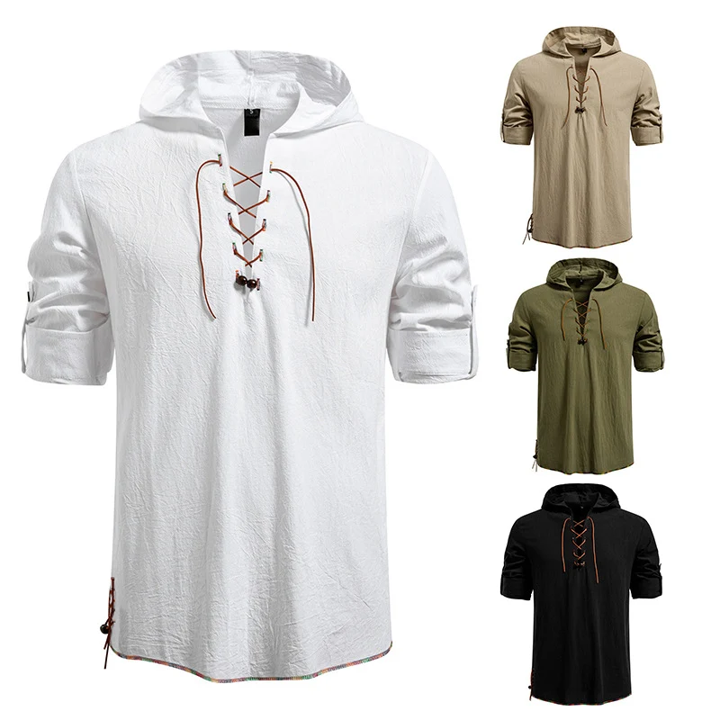 Herren Leichtes Kapuzen-Shirt mit dekorativer Schnürung, Kurzarm und Longline-Schnitt Drune